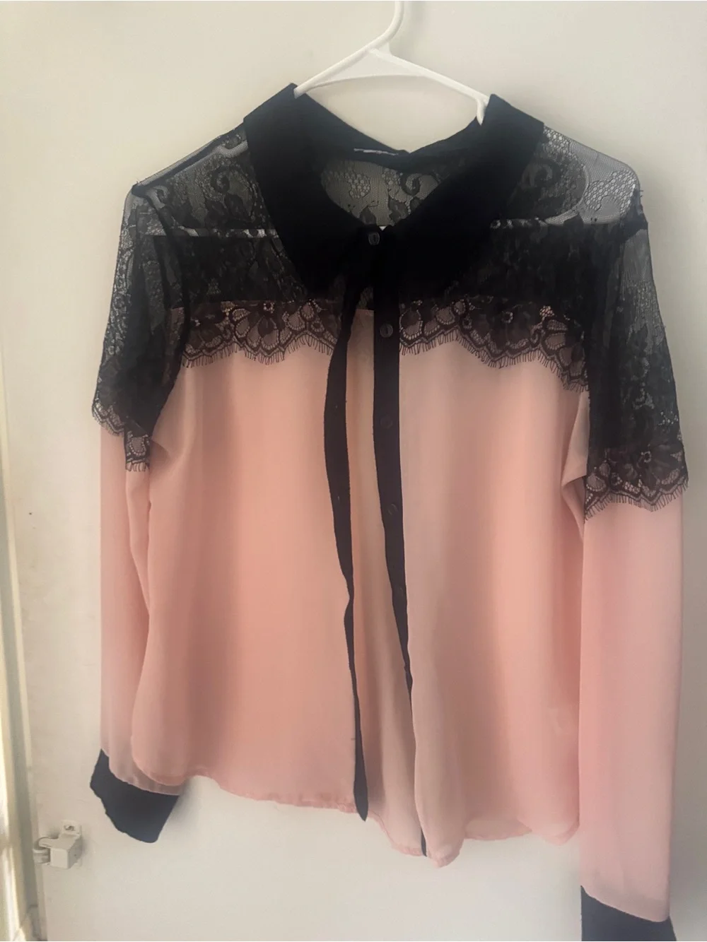 Charlotte Russe Pink Blouse with Black Lace Yoke and Collar